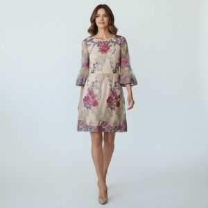 ECI Beige Dress with Pink & Purple Floral Embroidery